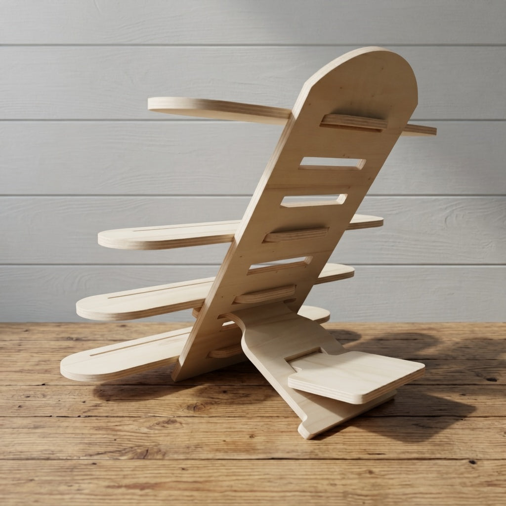 Back view of a wooden craft display shelf with a geometric design on a wooden surface and light gray