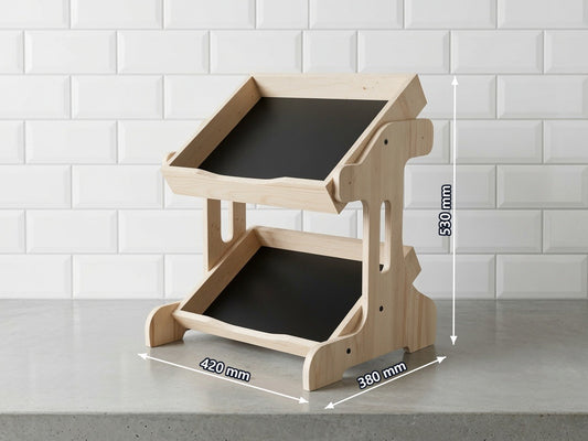 wooden 2 tier countertop stand for cafes and shops with dimensions