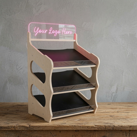 3 tier shop wooden countertop display stand with led point of sale branding