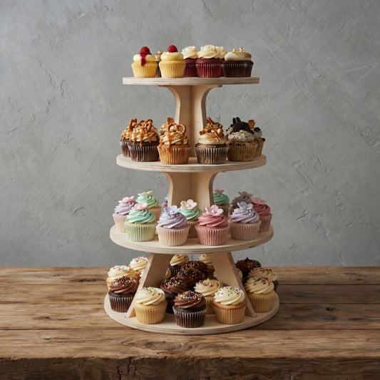Four-tiered wooden cupcake stand with various cupcakes on a wooden table against a gray wall.