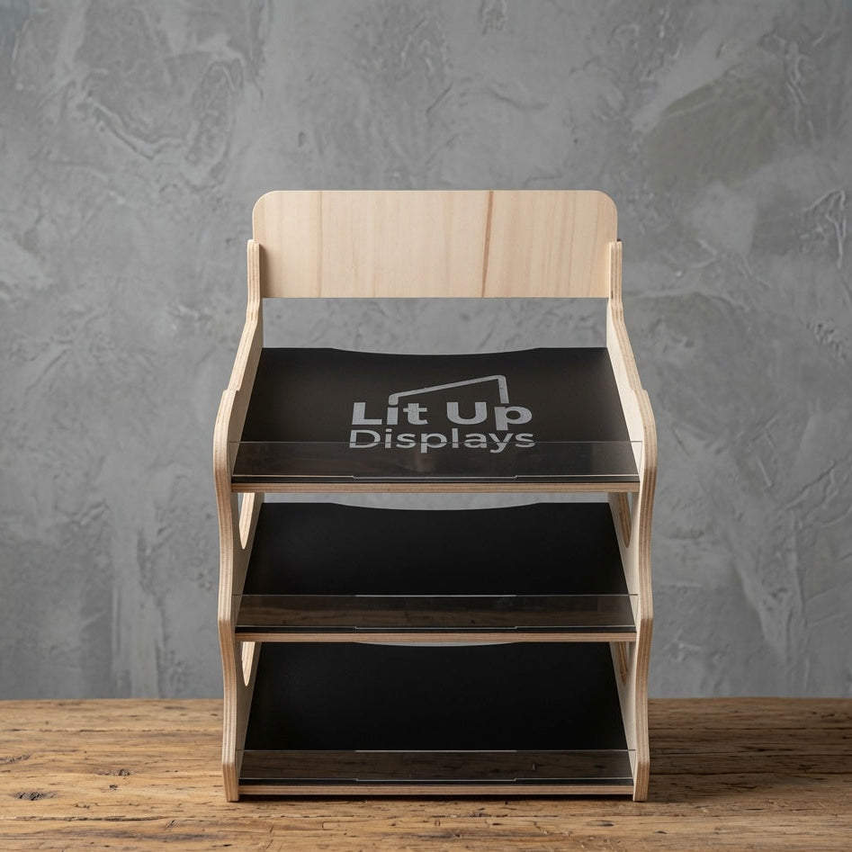 Wooden cafe and shop countertop display stand with three tiers