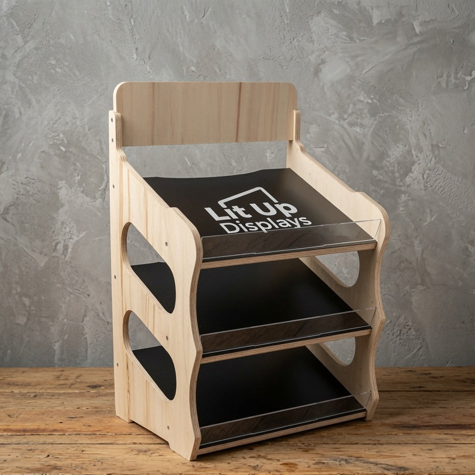 Wooden cafe and shop countertop display stand with three tiers