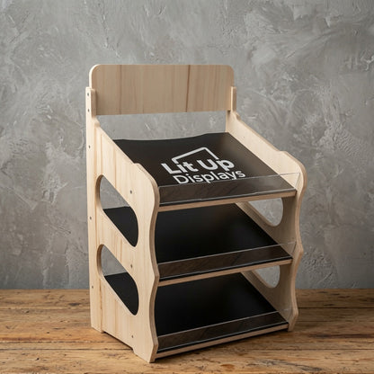 Wooden cafe and shop countertop display stand with three tiers