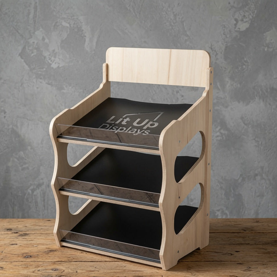 Wooden cafe and shop countertop display stand with three tiers