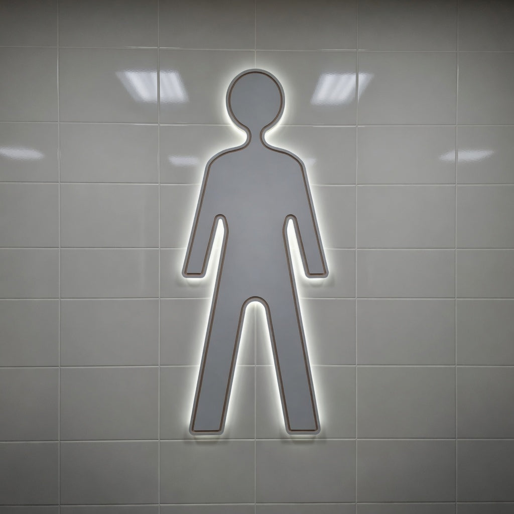 Illuminated gents bathroom silhouette toilet sign on a tiled wall with an led glow behind it