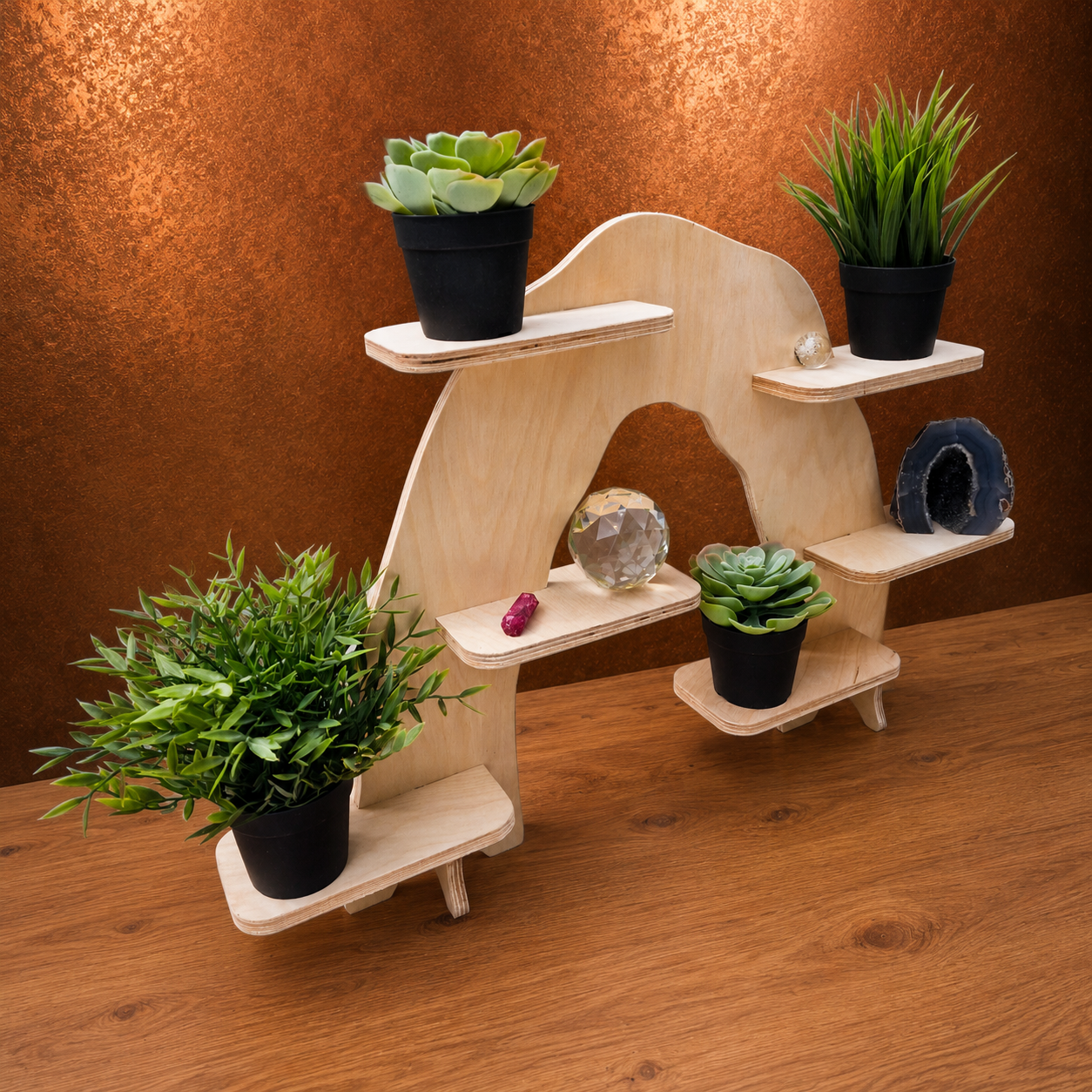 Wooden gem and geode display stand with 6 shelves displaying merchandise 