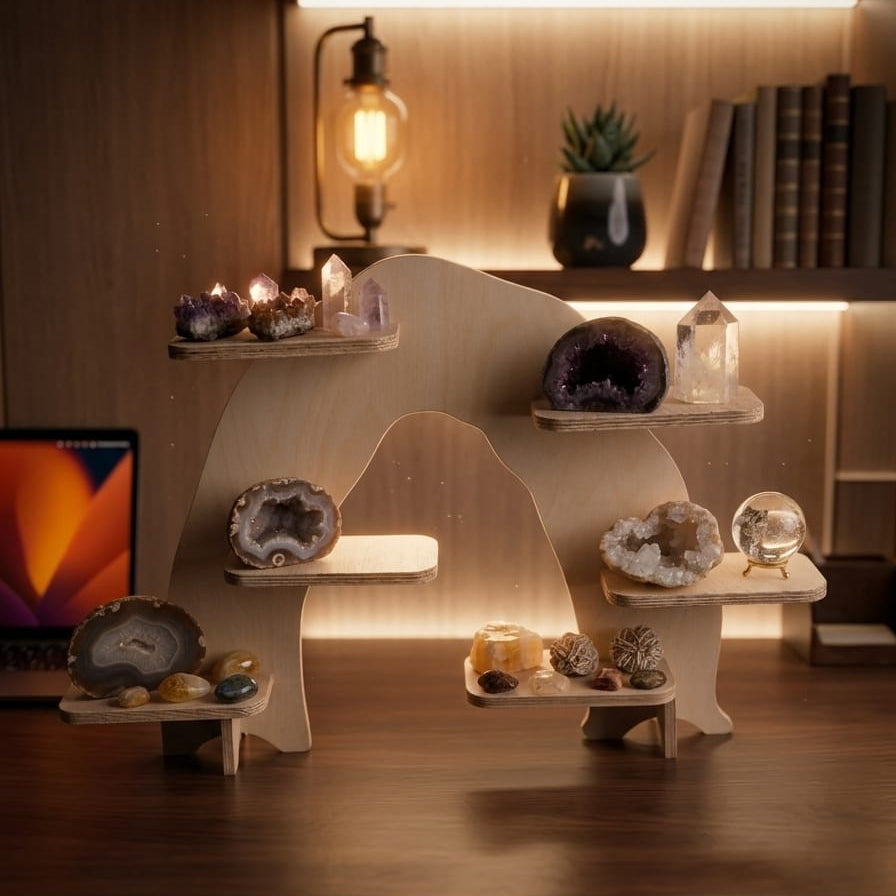 Decorative setup with gems, crystals and geodes on a wooden surface with warm lighting.