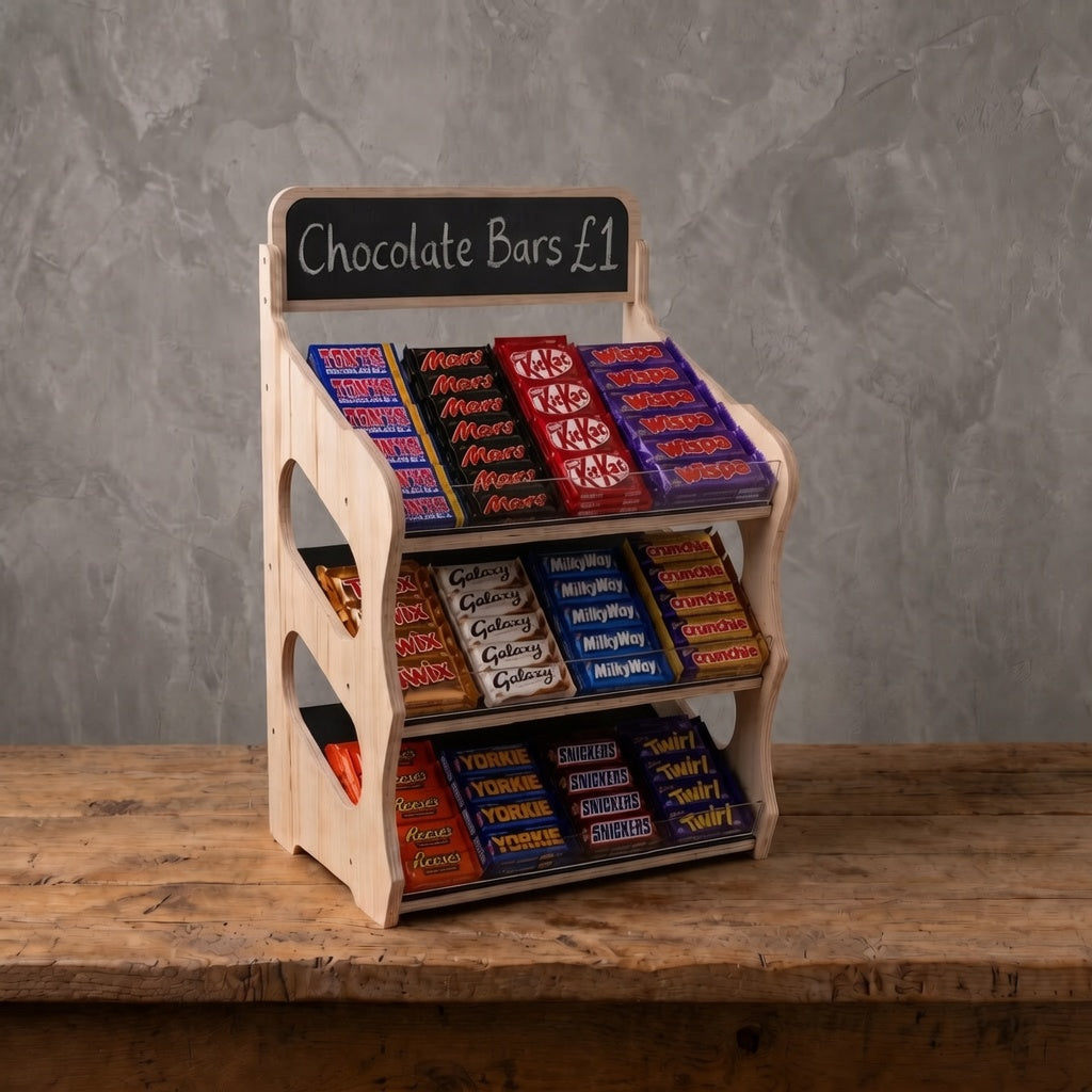 A wooden multi-tiered chocolate bar display rack on a rustic wooden table against a textured gray wall. The rack has a black chalkboard sign at the top that reads 'Chocolate Bars £1' and is filled with various packaged chocolate bars including Hershey's, KitKat, and Cadbury.