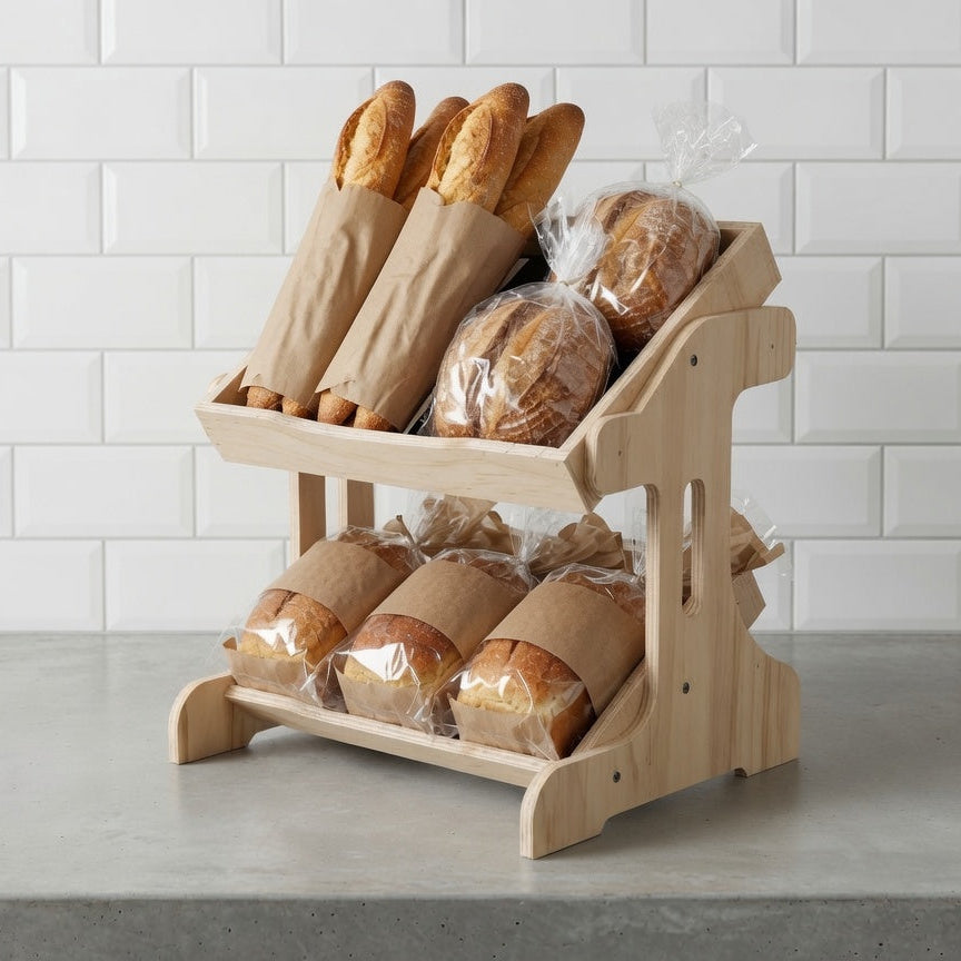 A two-tier wooden bread rack holding several baguettes and round loaves wrapped in clear plastic, set on a gray countertop against a white subway tile wall.