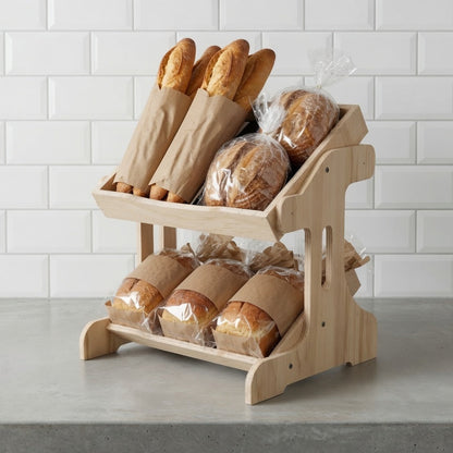 A two-tier wooden bread rack holding several baguettes and round loaves wrapped in clear plastic, set on a gray countertop against a white subway tile wall.