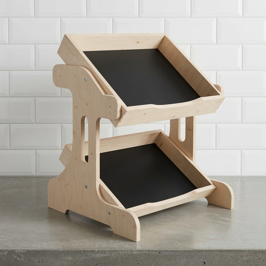 wooden display stand multi position on a cafe countertop 