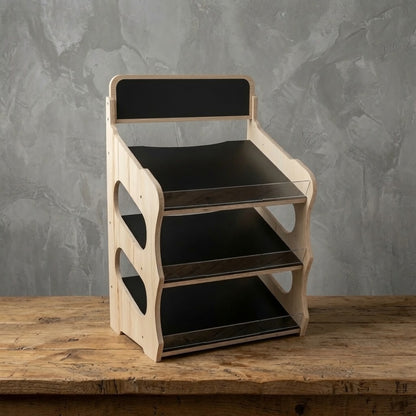 Wooden cafe and shop countertop display stand with three tiers and chalkboard