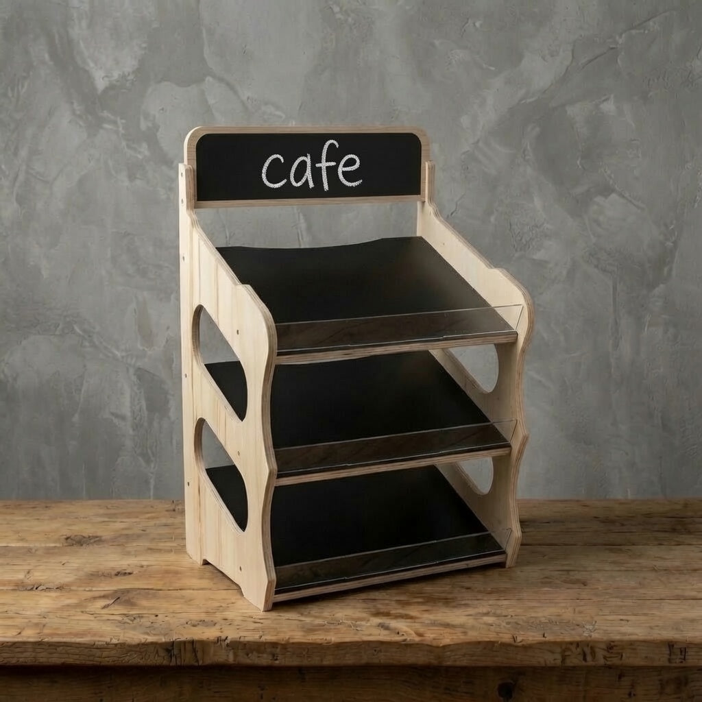 Wooden shop countertop display stand with three tiers and chalkboard text saying Cafe