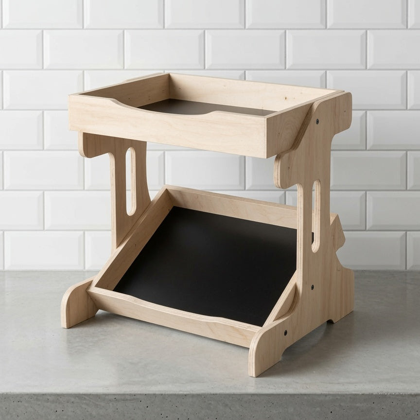 wooden display stand multi position on a cafe countertop 
