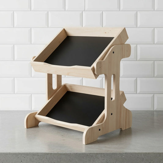 wooden display stand multi position on a cafe countertop 