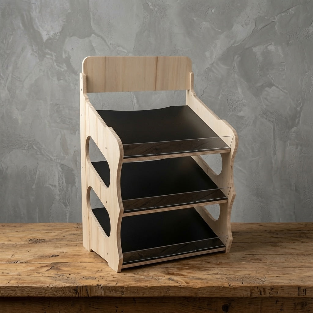 side view of a wooden cafe and shop countertop display stand with three tiers 