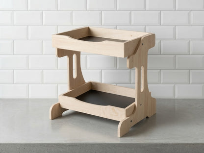 Wooden tray display stand on a gray surface with a white tiled wall background