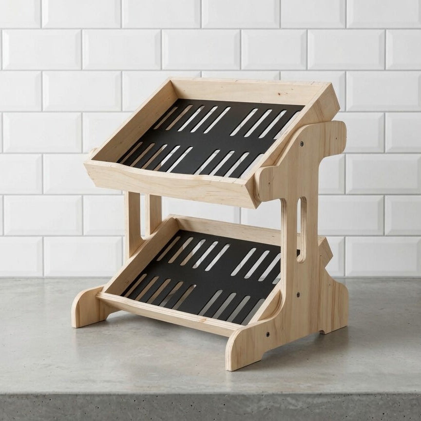 grated wooden display stand multi position on a bakery countertop 
