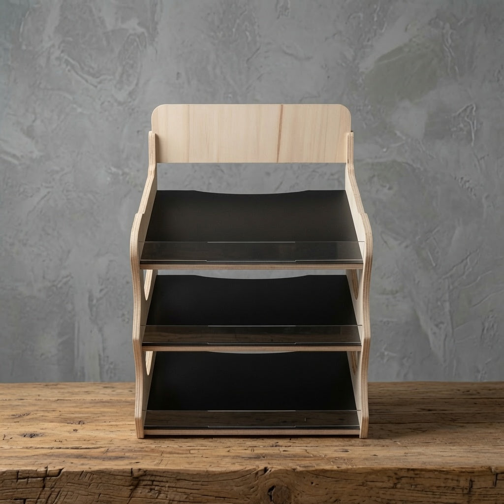 front view of a wooden cafe and shop countertop display stand with three tiers 