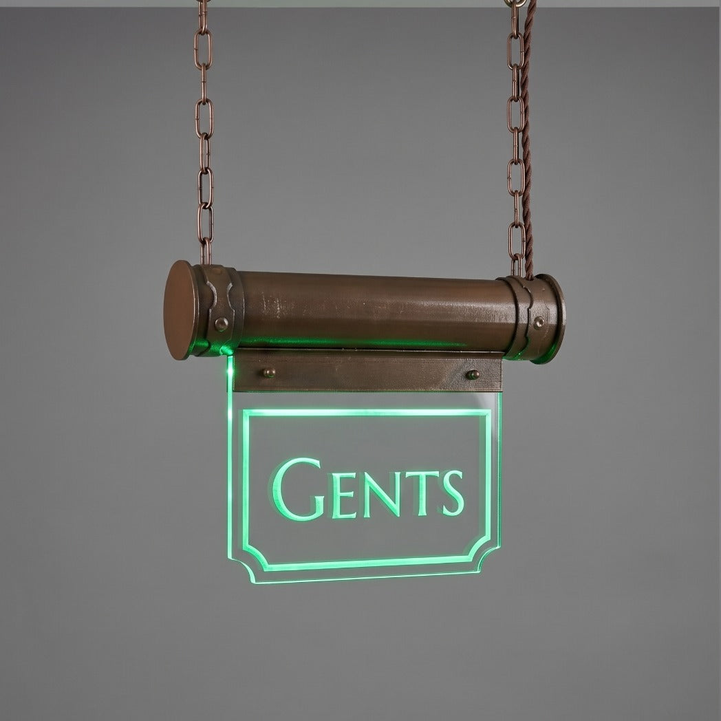 hanging art deco gents toilet sign, replica vintage styling with an illuminated led green glow to simulate a glass effect
