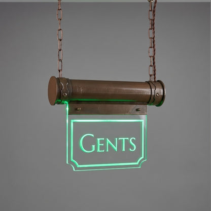 hanging art deco gents toilet sign, replica vintage styling with an illuminated led green glow to simulate a glass effect
